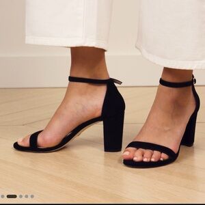 Stuart Weitzman Nearly nude strap sandal, black, patent, size 7.5